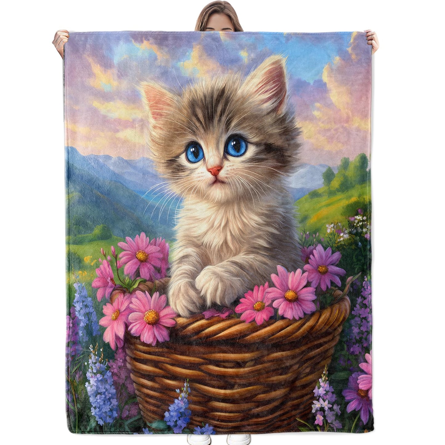 Bidesk Lovely Cat with Flowers Blanket Soft Cozy Throw Blanket for Adults Women Kids - Warm Yet Lightweight Flannel Blankets for Travel, Couch, Bed, Fuzzy Outdoor Comfort Wrap 60"×50"
