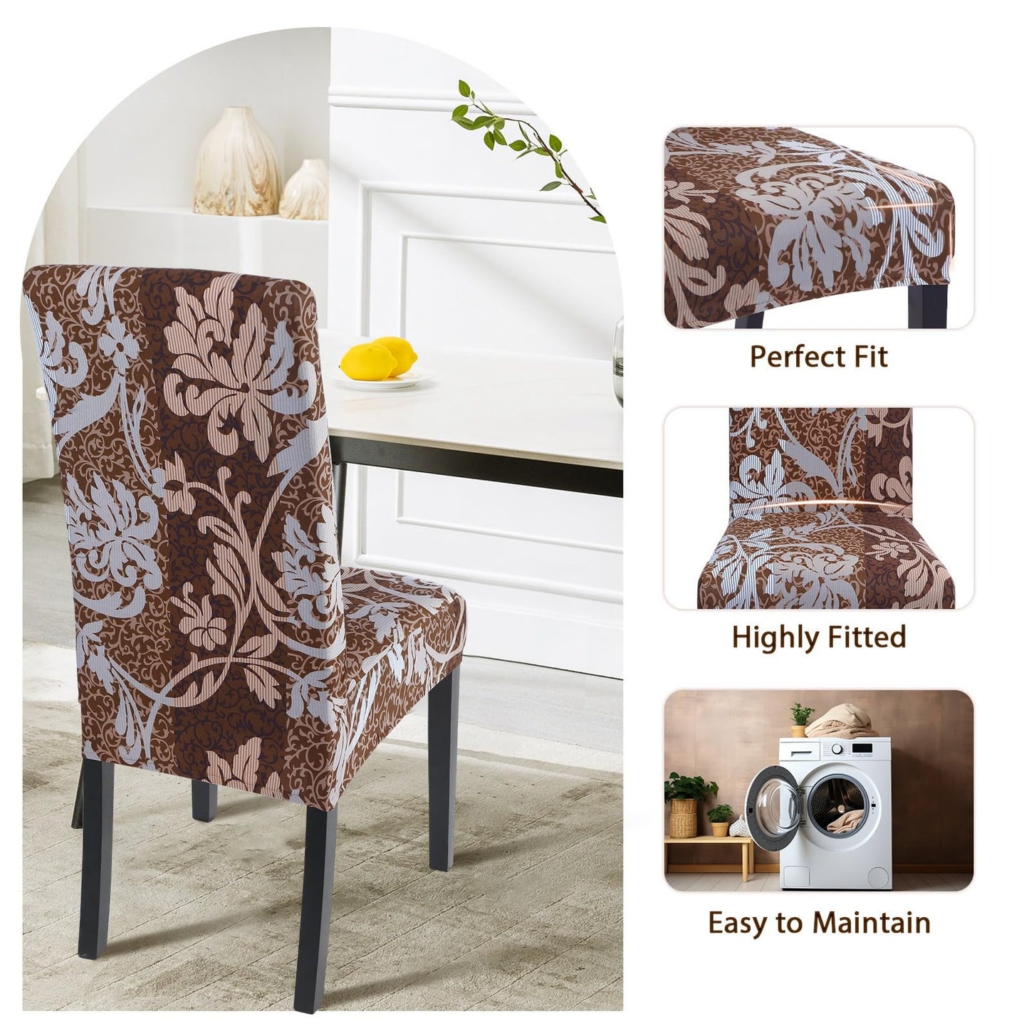 SearchI Dining Room Chair Covers Set of 4, Stretch Printed Parsons Chair Slipcovers Removable Washable Kitchen Chair Protector Cover for Dining Room, Hotel, Ceremony (Brown+Flower)