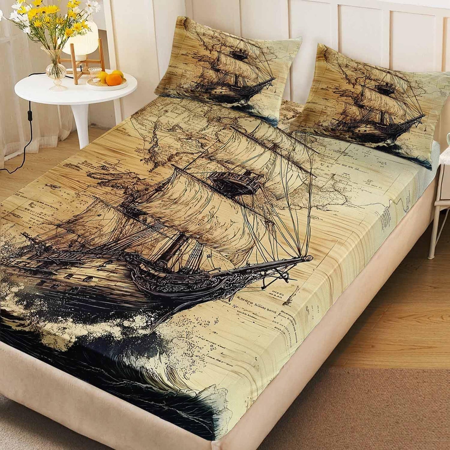 AILONEN Ocean Voyage Theme Fitted Sheet Set for Kids Girls Adult Women,Anchor Nautical Bedding Set Twin XL Size,Printed Printed Bed Sheet Set,3-Piece 1 Sheet Set + 2 Pillowcases