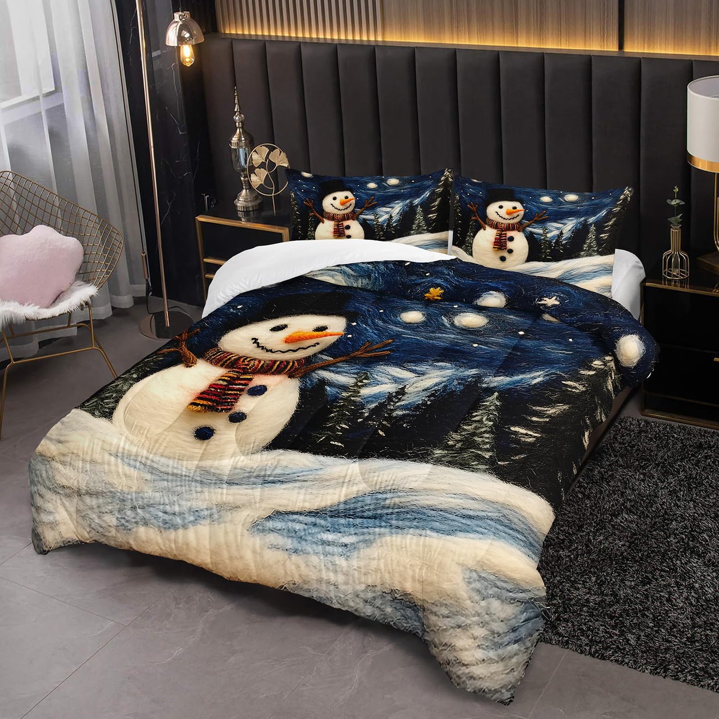 XYNHML Cartoon White Snowman Theme Comforter 3Pcs Twin Starry Sky Night Cedar Snowfield Bedding Set for Kid Teen Girl Boy Teen Adult Moon Star Snowflake Quilt Bed Decor with 1 Comforter+2 Pillowcases