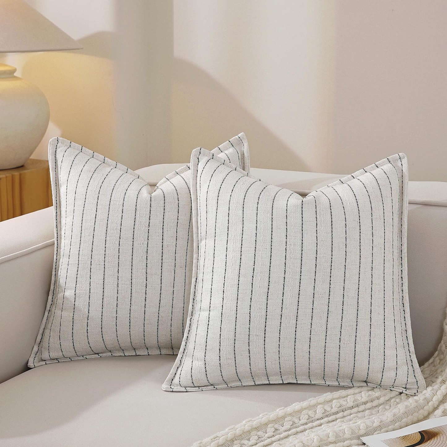 QDTTSRY Decorative Neutral Black Striped Throw Pillow Covers Set of 2-18x18 Inch Boho Farmhouse Pillow Covers, Breathable & Soft Neutral Linen Blend Cushion Covers for Couch Sofa Bedroom Living Room