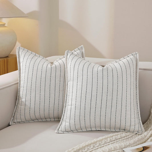 QDTTSRY Decorative Neutral Black Striped Throw Pillow Covers Set of 2-18x18 Inch Boho Farmhouse Pillow Covers, Breathable & Soft Neutral Linen Blend Cushion Covers for Couch Sofa Bedroom Living Room