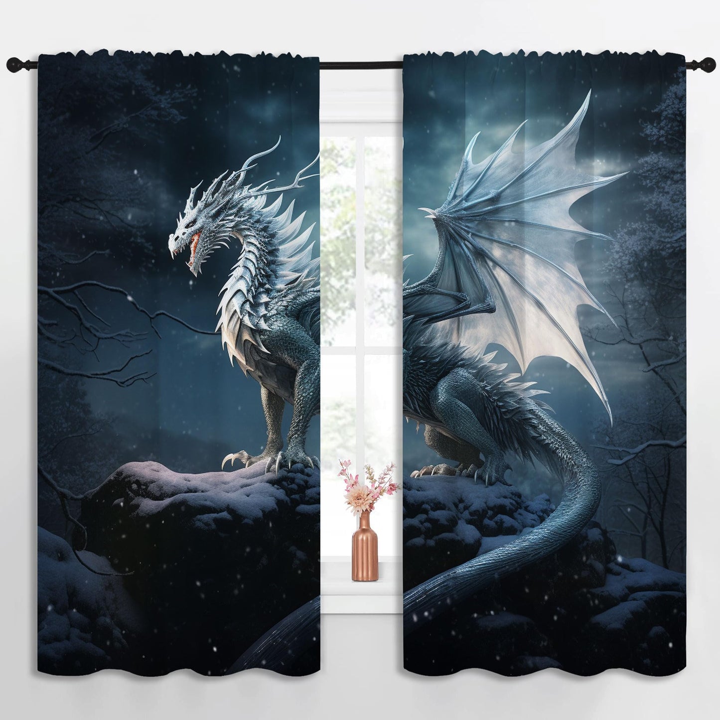 PYMATYTN Dragon Blackout Curtains for Boys Girl Bedroom Decor,Fantasy Creature Snowflake Forest Thermal Insulated Rod Pocket Drapes Darkening Window Curtain for Living Room Home 55x63 inch