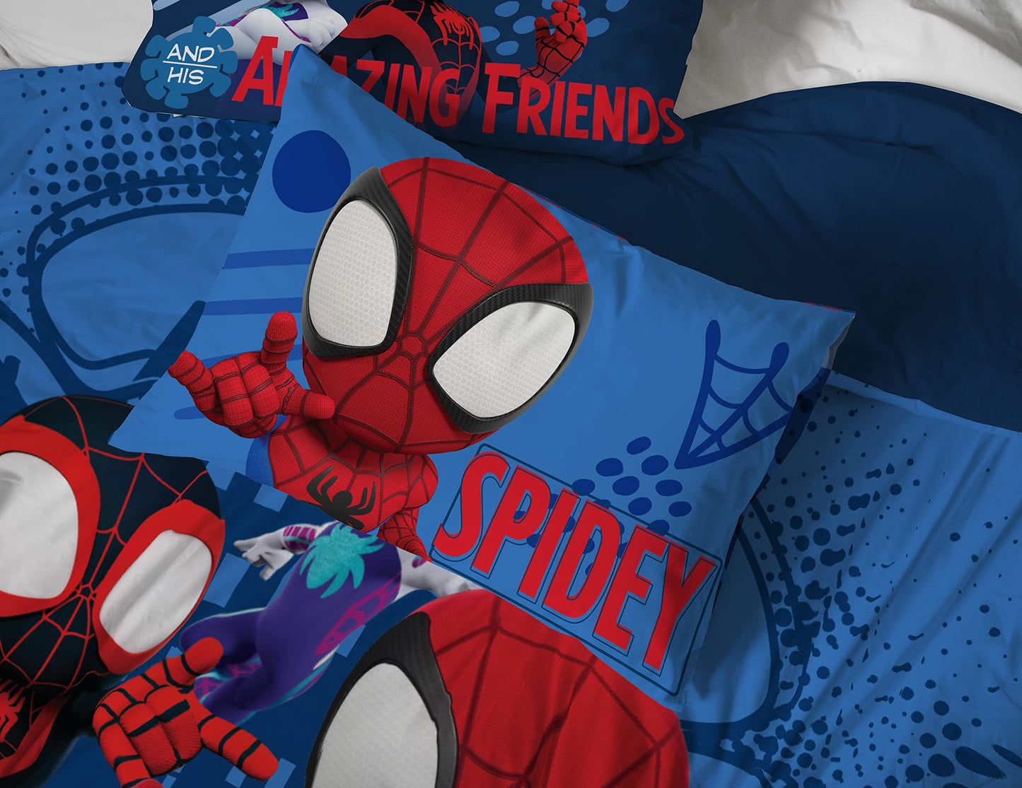 Jay Franco Kids Sheet Set with Fitted, Flat Sheets & Pillow Cover - Ultra-Soft Bedding with Pillowcase for Room Decor, White - Spidey & Friends, 4 Piece Full