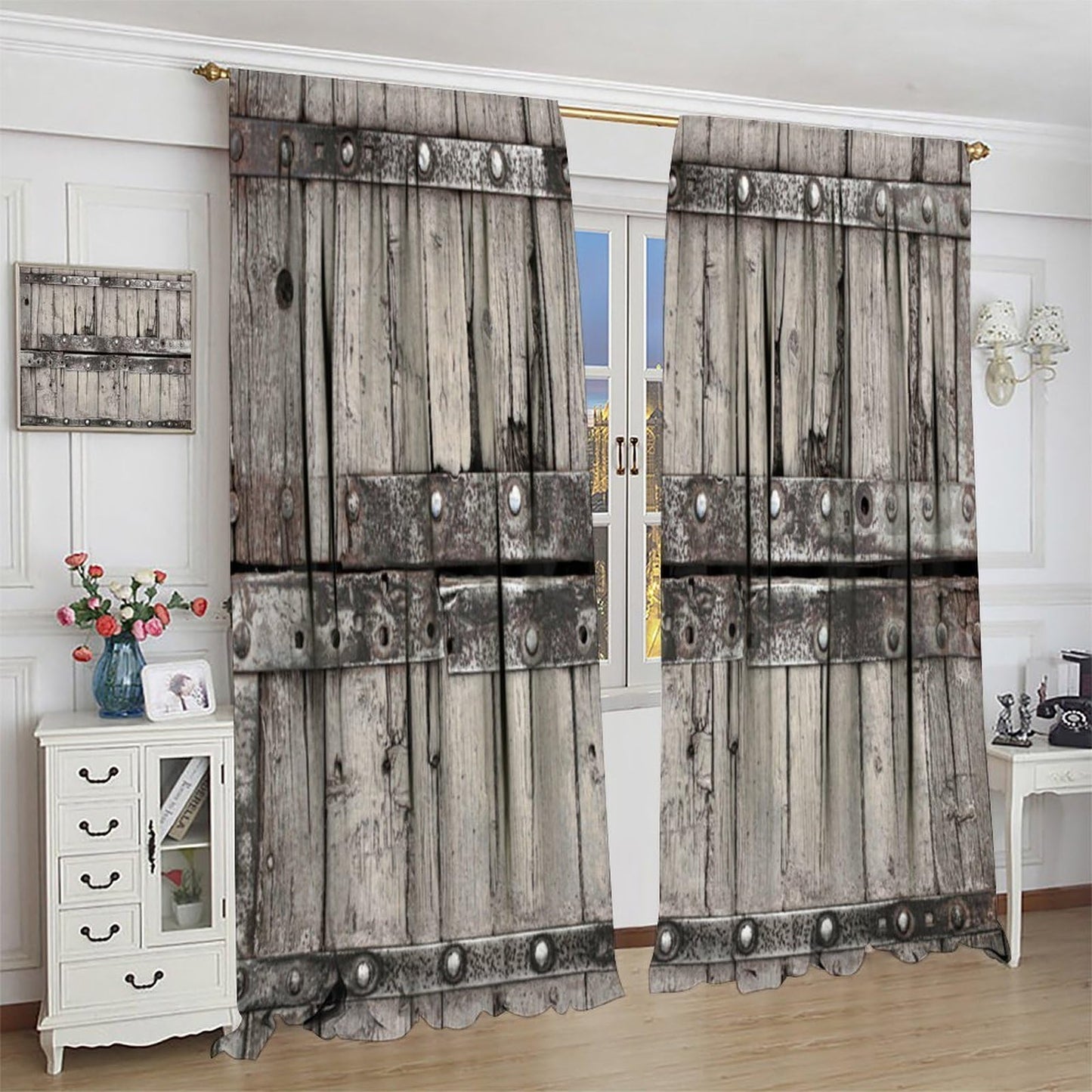 Nanacur Cabin Wooden Barn Door Curtains, Rustic Wood Brown Old Rod Pocket Window Treatments for Girl Boy Bedroom Living Room Office Drapes 41" W X 45" L (No Blackout)