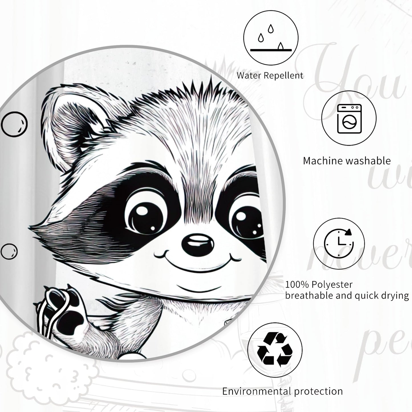 Miyotaa Funny Raccoon Animal Shower Curtain Set 60Wx71H Inches Hilarious Black White Kids Cute Interesting Waterproof Bathroom Curtain with 12 Hooks