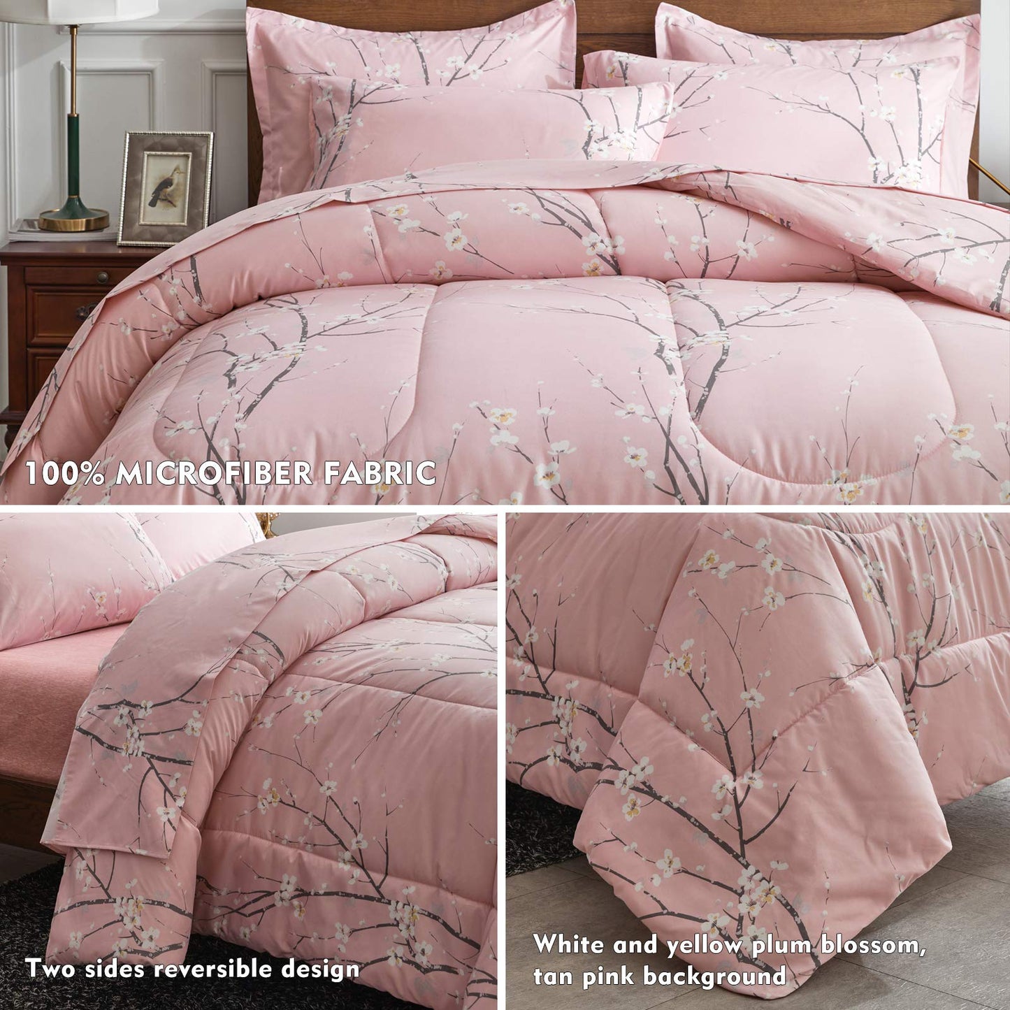 AIKASY Bed in a Bag 7 Pieces King Size - Floral Print - Soft Microfiber, Reversible Bed Comforter Set (1 Comforter, 2 Pillow Shams, 1 Flat Sheet, 1 Fitted Sheet, 2 Pillowcases)（Pink, King）
