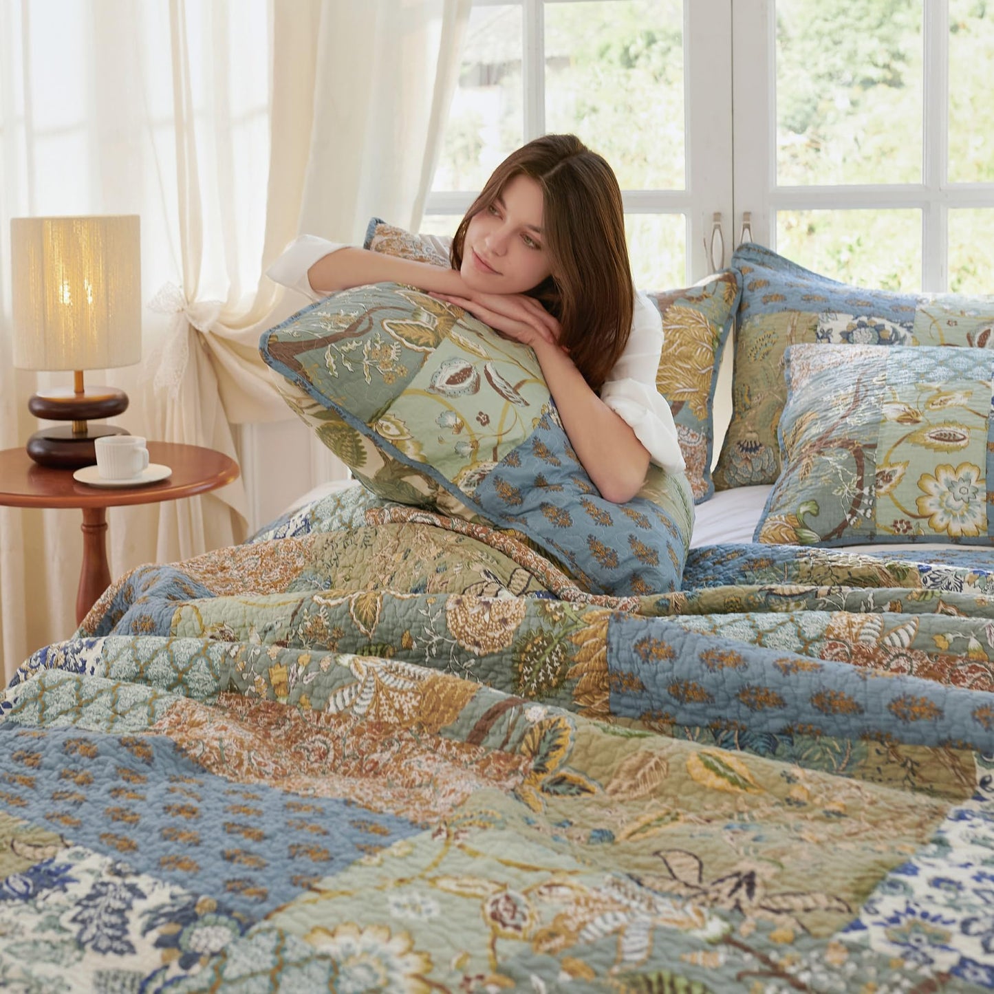 Secgo California King Quilt Size - 100% Cotton Oversized California Comforter Set Green Bedding Sets (120 * 110 Inch) with 2 Pillow Shams, Patchwork Reversible Lightweight Bedspread
