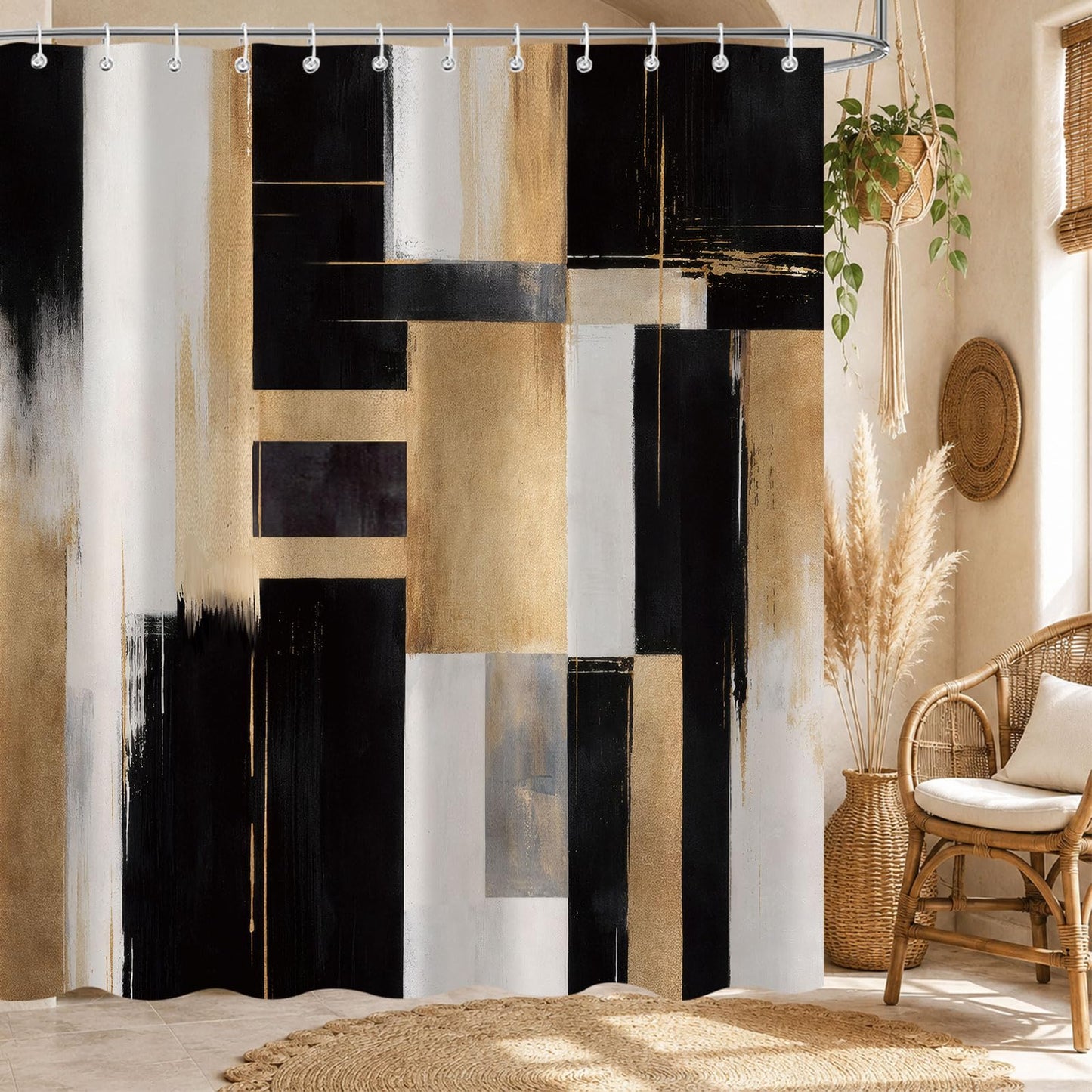 Emwnodti Black Gold Abstract Shower Curtain, Boho Modern Aesthetic Bathroom Decor with 12 Hooks, Waterproof Polyester Fabric Bath Curtain, 72x72 Inch