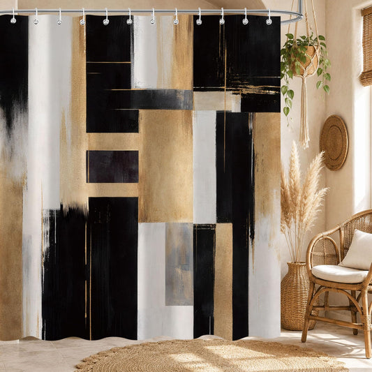 Emwnodti Black Gold Abstract Shower Curtain, Boho Modern Aesthetic Bathroom Decor with 12 Hooks, Waterproof Polyester Fabric Bath Curtain, 72x72 Inch