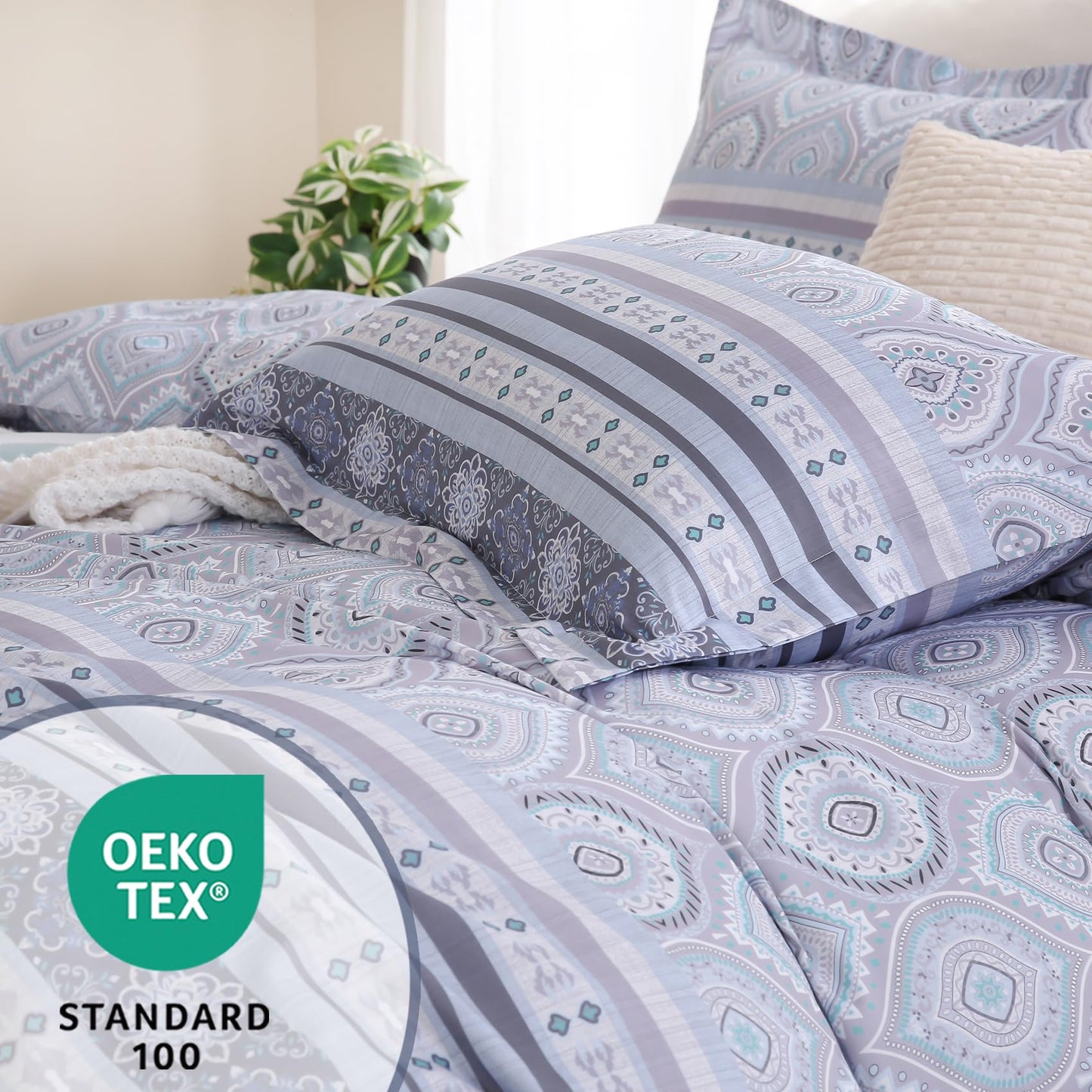 Ocharo Boho Duvet Cover King Size 100% Cotton,Reversible Duvet Cover Set with Bohemian Floral Striped Printed,Soft 3 Pieces Paisley Pattern Duvet Bedding Cover Set with 2 Pillow Shams,Grey Purple