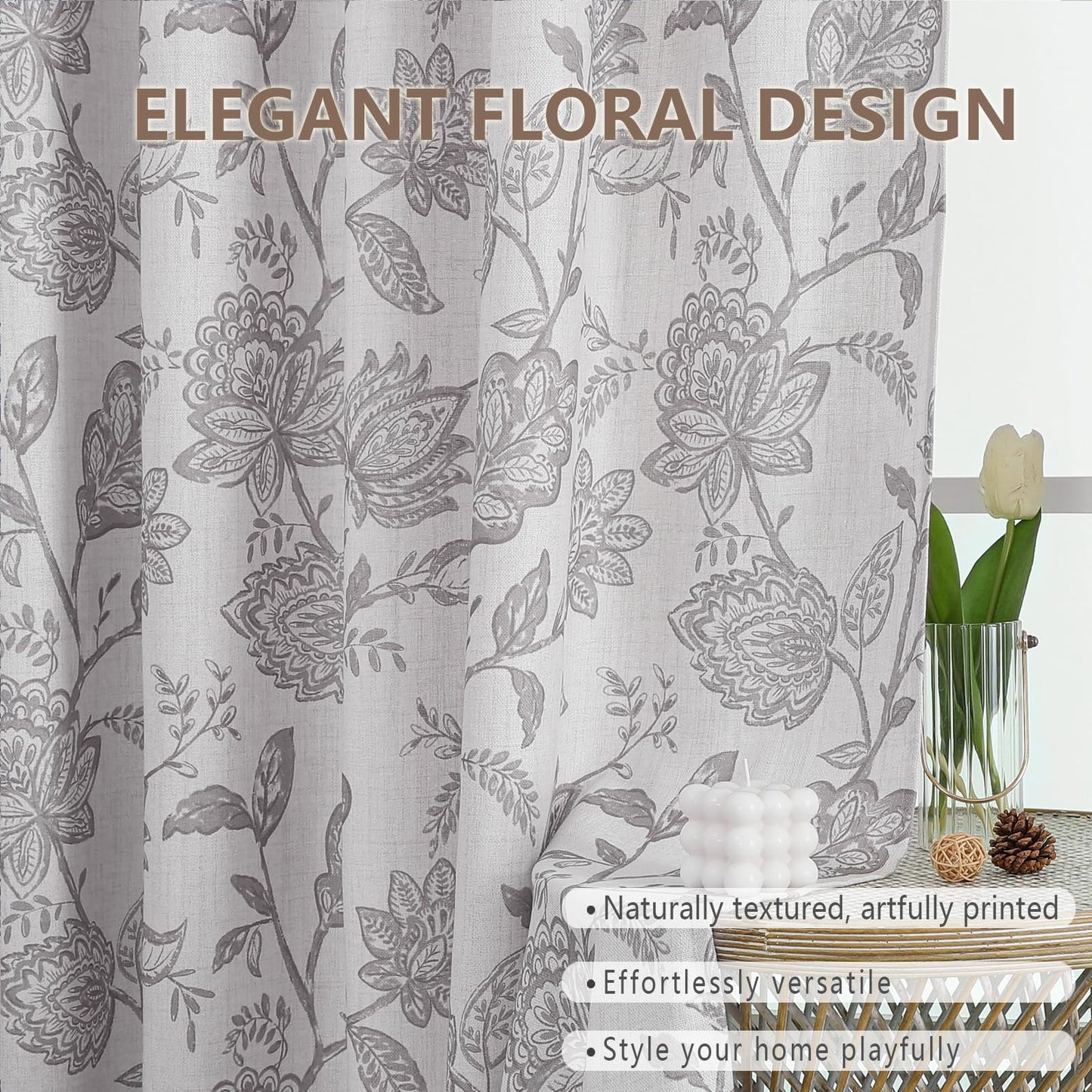 Ebesto Floral Curtains 63 Inch Length - Light Filtering Faux Linen Flower Printed Window Curtains for Bedroom, Rod Pocket No-See Through Privacy Drapes, 2 Panels, Each 40Wx63L Inches, Grey