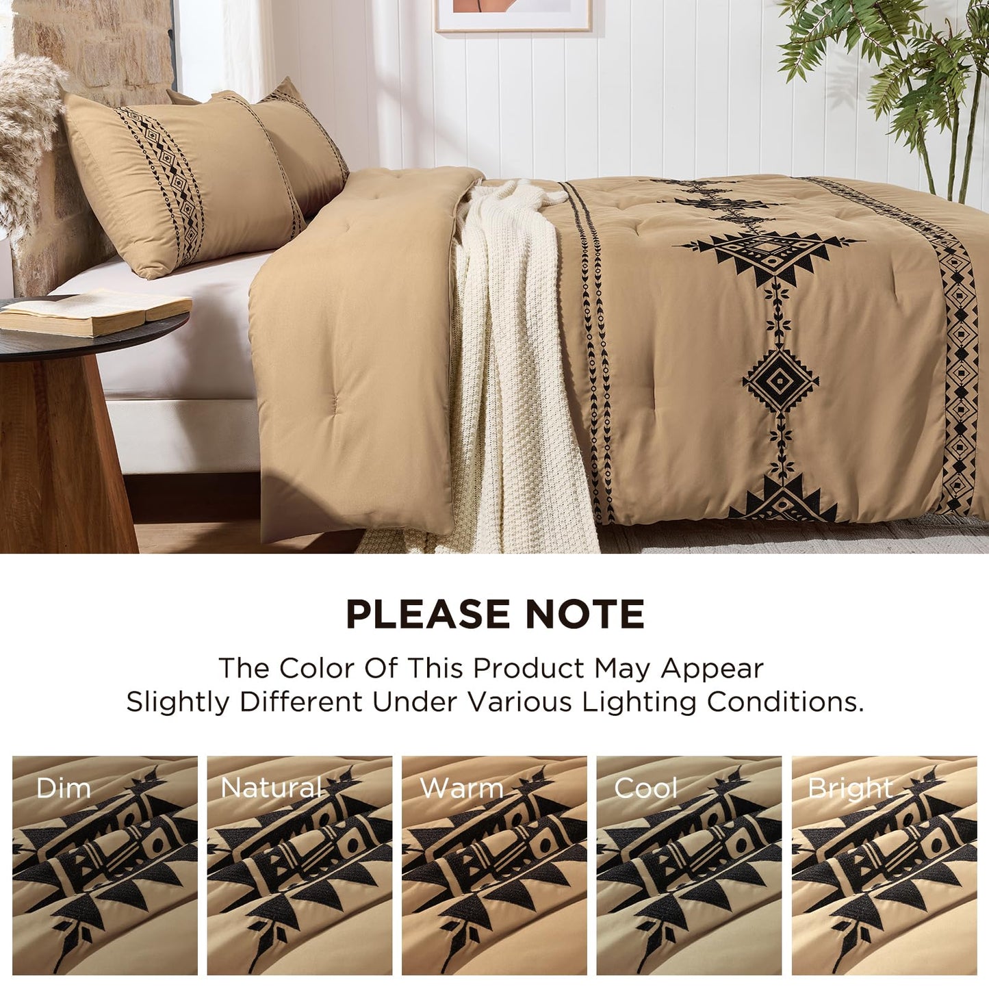 Baskbed Boho Embroidered Bed Comforter Queen Set, 3-Piece Western Shabby Chic Bedding Set - Fluffy Ultra Soft Microfiber with Intricate Design, Includes Comforter & 2 Pillowcases, Khaki(88"x88")