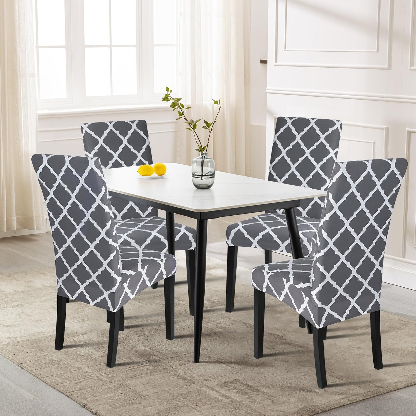 SearchI Dining Room Chair Covers Set of 4, Stretch Spandex Kitchen Slipcovers Removable Washable Geometric Parsons Protector for Room, Hotel, Ceremony (Gray+White)