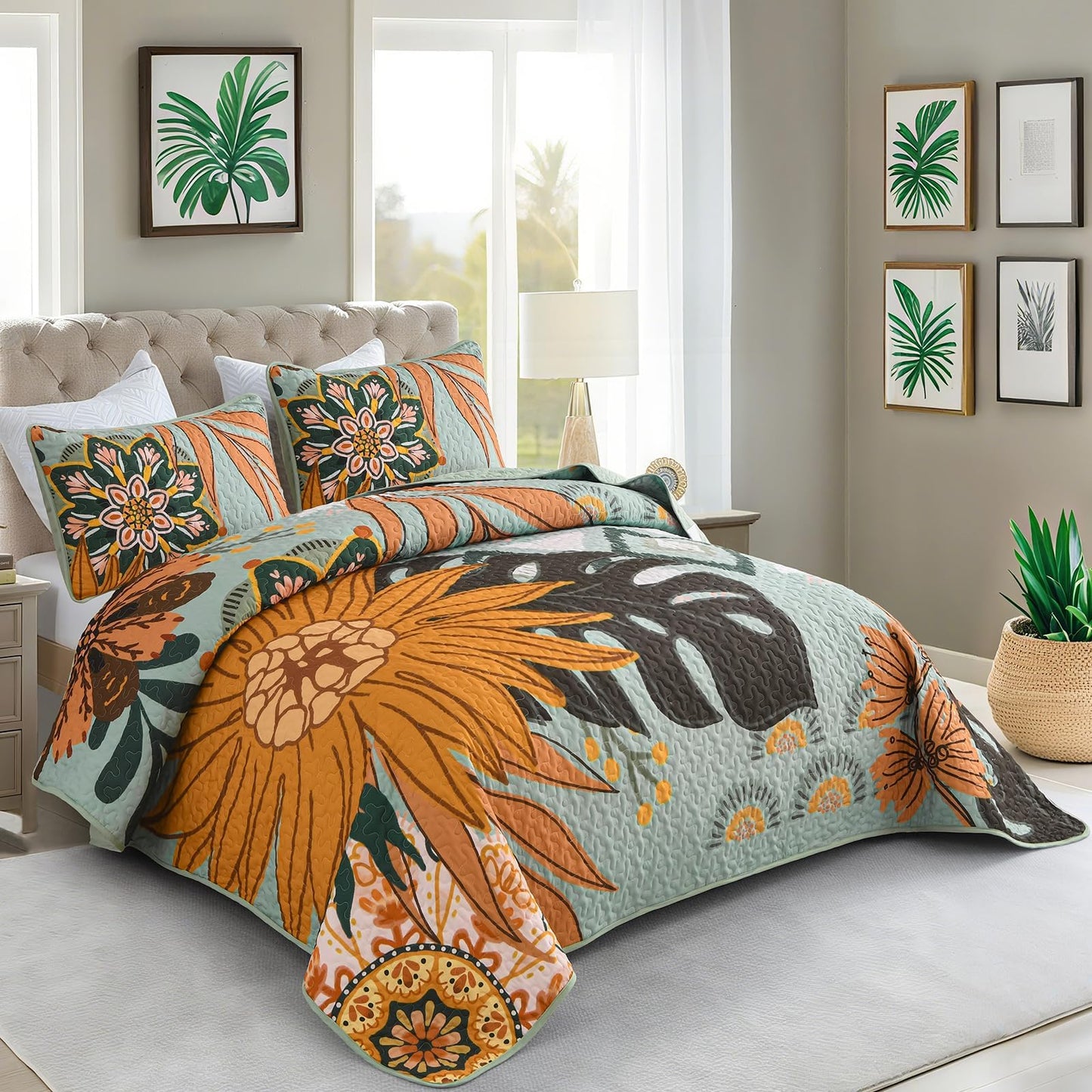 DJY Boho Floral Quilt Set Queen Size Sage Green Bedspread Coverlet Botanical Farmhouse 3 Piece Quilt Bedding Set, Reversible Microfiber Bed Cover for All Season, 90''x96''
