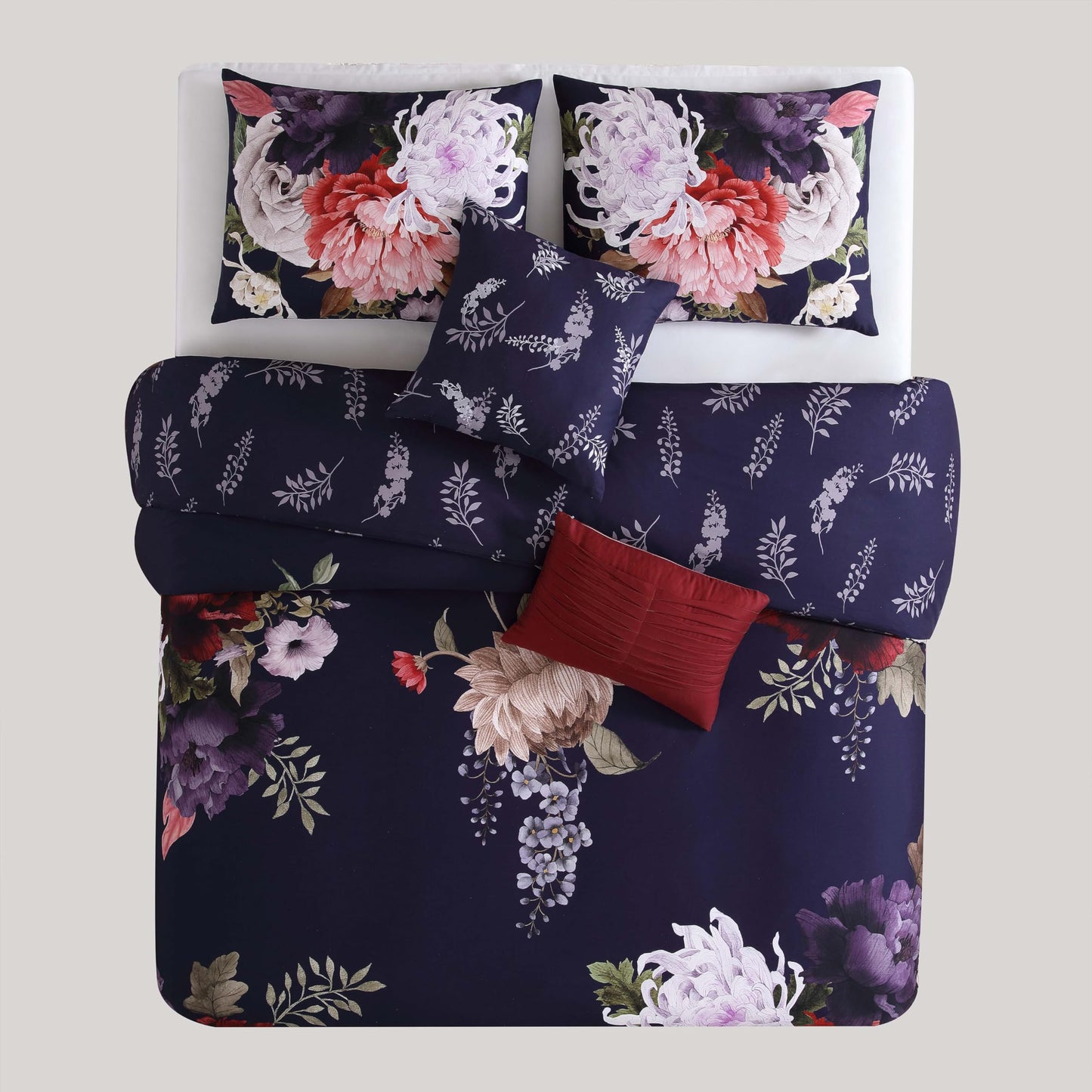 Bebejan Deep Purple Garden 5 Piece Comforter Set, 100% Cotton Sateen, 200 Thread Count, Floral Reversible Bedding Comforter Set, 1 Comforter, 2 Shams & 2 Pillows (King/Cal King)