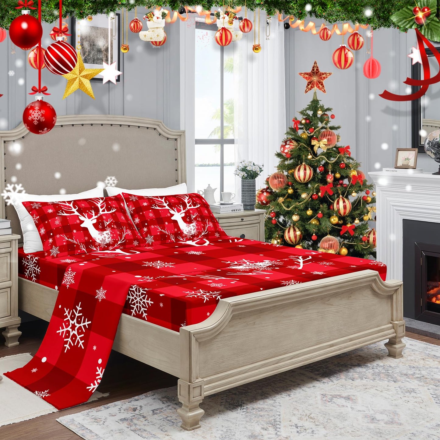 YIYEA Christmas Queen Sheet Set, Luxury 1800TC Double Brushed Microfiber Christmas Bed Sheets for Queen Size Bed, Extra Soft, Deep Pocket, Shrinkage and Fade Resistant, 4PC (Queen)