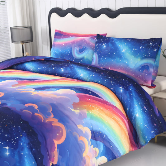 MAG 3Pcs Rainbow Twin Comforter Sets,Colorful Microfiber Digital Printing,Space Galaxy Theme Bedding Set,All Season with 1 Comforter + 2 Pillowcases for Kids Boys and Girls,Breathable and Wrinkle.