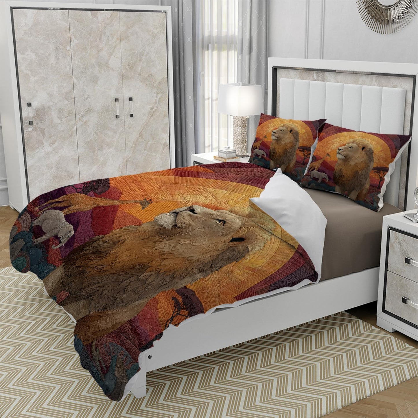 RICQLESC Lion Duvet Cover and 2 Pillow, Tropical Africa Wildlife Animal Giraffe Elephant Comforter Set, Kids Boys Girls Bedding 3 Pieces, King Size 104x90 inch