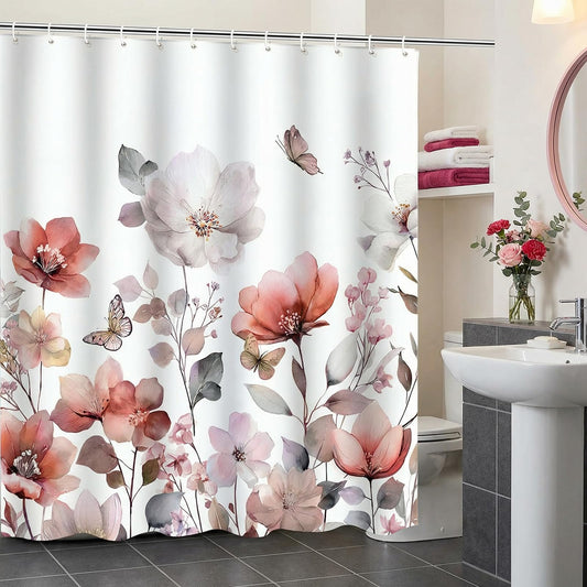 ZCHOMI Pink Red Floral Shower Curtain Watercolor Flower Leaves Butterfly Elegant Bathroom Curtains Waterproof Polyester Fabric Bath Curtain 72 x 72 Inch with 12 Hooks