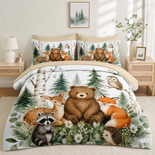 Boewywh Comforter Set Twin Size Woodland Bear Forest 5 Pcs, Bedding for Kids and Adults, Bed Sheet Sets with Fitted Sheet Pillowcase & Sham for Bedroom Bed Decor
