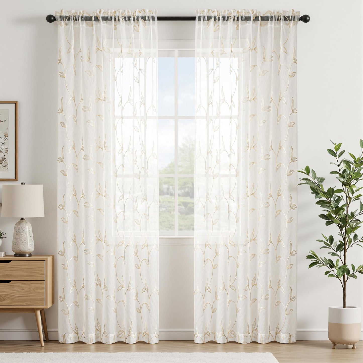 VISIONTEX 2 Panels Sheer Curtains 84 Inches Long, Cream Beige Floral Leaf Embroidered Semi Sheer Voile Curtains, Rod Pocket Light Filtering Window Drapes for Bedroom Living Room 54W x 84L