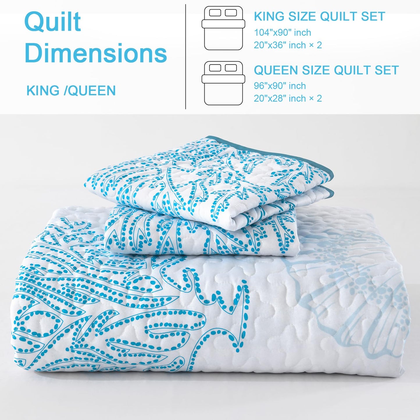 DJY Ocean Coastal Quilt Sets King Size,Reversible Microfiber Quilts with 2 Shams Soft Lightweight Beach Bedding Green Nautical Bedspread Coverlet Summer Comforter Set for All Season,110"x90"