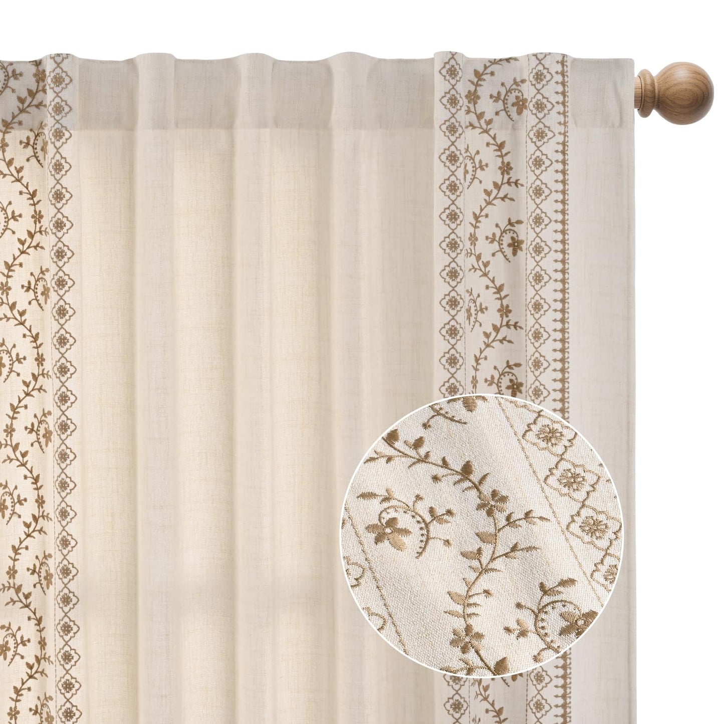 Yinhua Boho Curtains for Living Room 84 Inch Long Brown Embroidered Floral Bedroom Curtains, Farmhouse Light Filtering Window Curtain Rod Pocket & Back Tab Drapes, 52" W x 84" L, 2 Panels