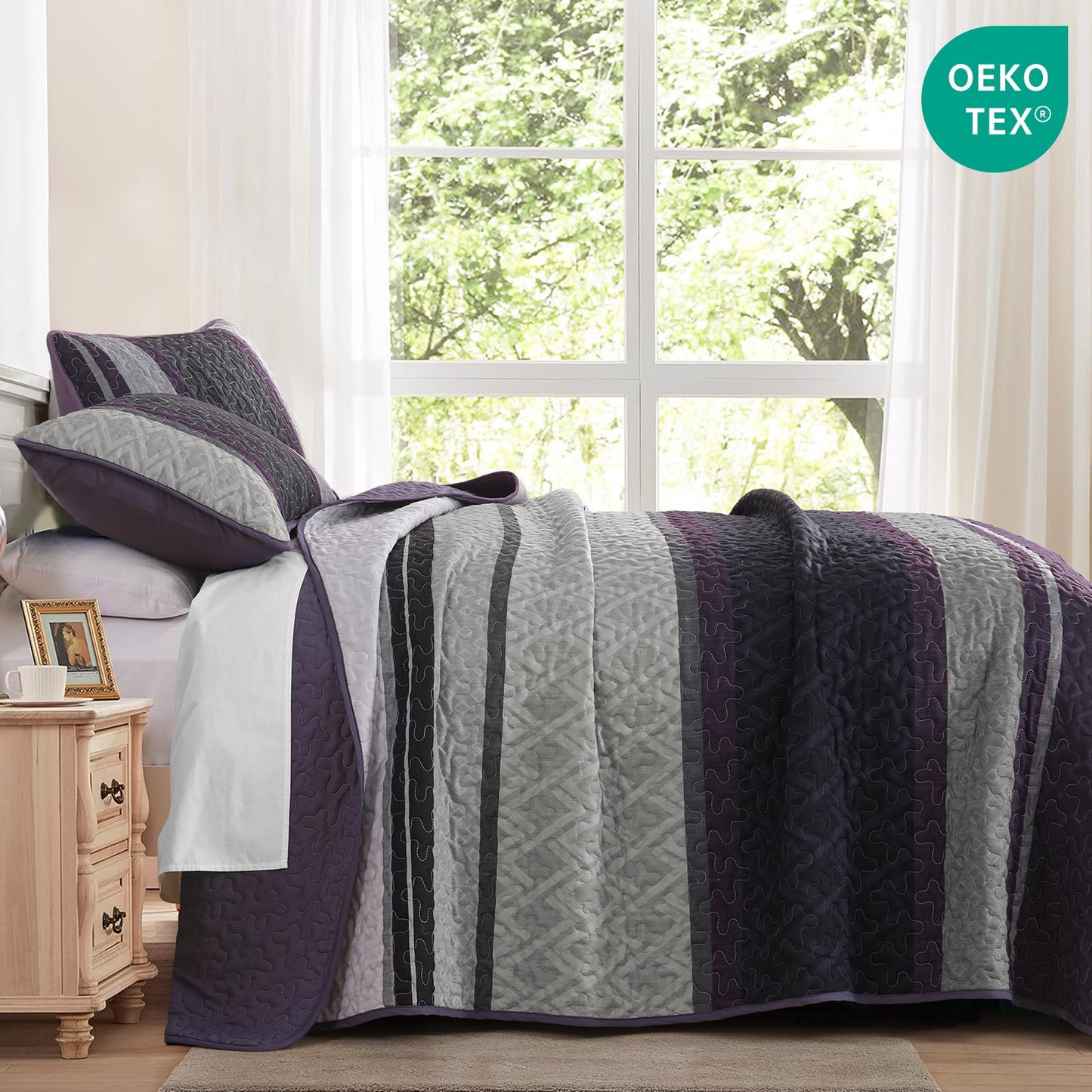 Dinjoy Queen Quilt Set Purple,Striped Bedspread Queen Size, Fall Bedding Sets 3 Pieces Micofiber Lightweight Quilts with 2 Pillow Shams Coverlet Bed Sets for Women Men 96''x90''