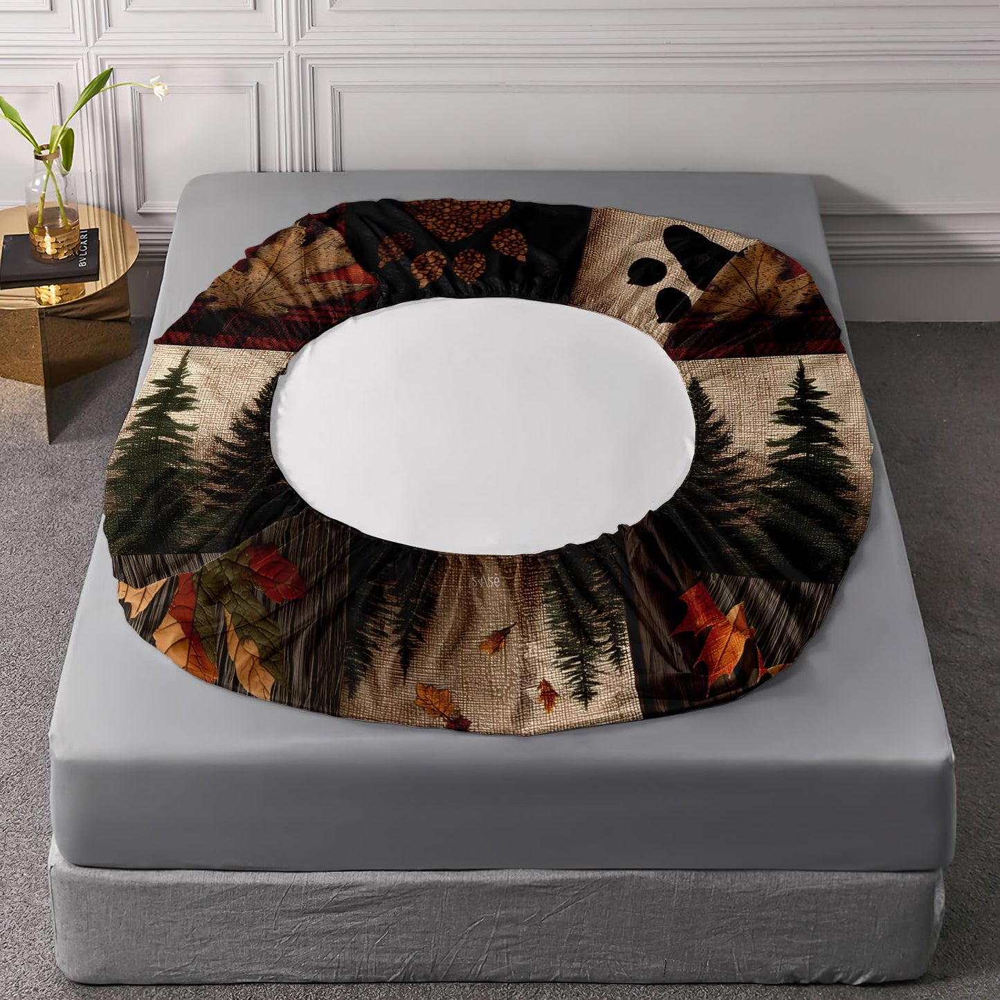 HOSIMA Twin Bedding Sets,Bear Maple Leaf Pine Tree Pattern Forest Rustic Fitted Sheet for Hunting Room Decor,Brown Plaid Patchwork Bedding for Adults Room Decor,1 Fitted Sheet+2 Pillowcases.