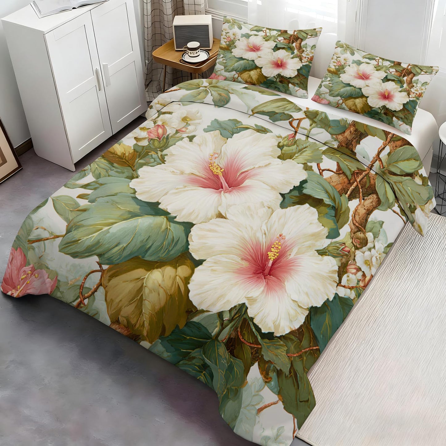 ZAMODE Floral Duvet Cover 120" x 98", Hibiscus Bedding Set, Tropical Flower Comforter Cover with Zipper Ties