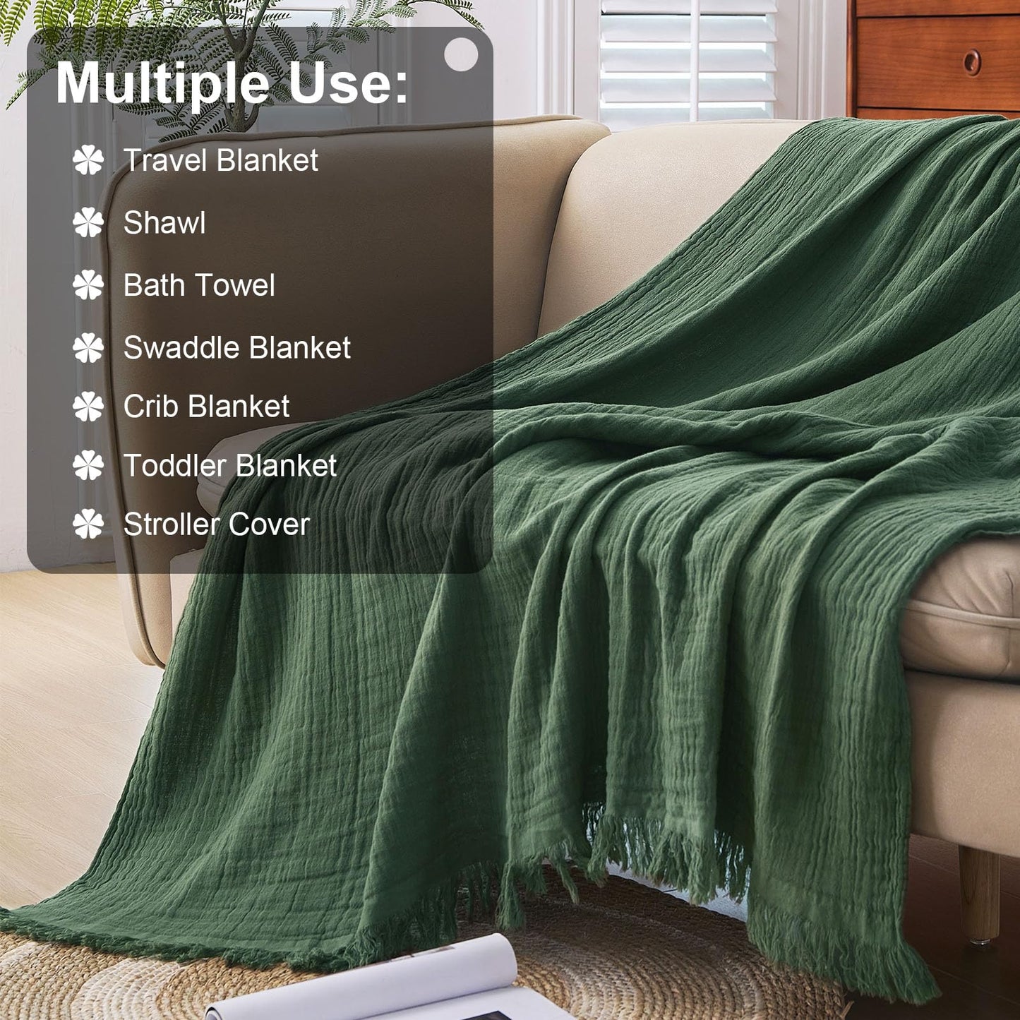 Yoenillo Cotton Muslin Throw Blanket with Tassels, Lightweight Woven Gauze, Pre-Washed Breathable Farmhouse Decor for Bed, Couch, All-Season Use (Olive Green, 50" x 60")