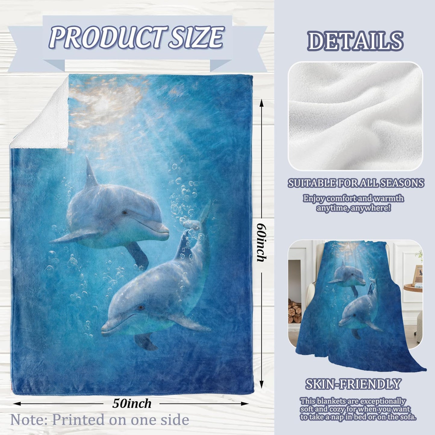 Graceful Dolphin Ocean Blanket, 60 x 50 Inch Flannel Marine Fish Cute Dolphins Throw Blanket, Gifts for Women Girls Boys Adults Kids, Lightweight Cozy Warm Blankets for Sofa Travel Home Decor