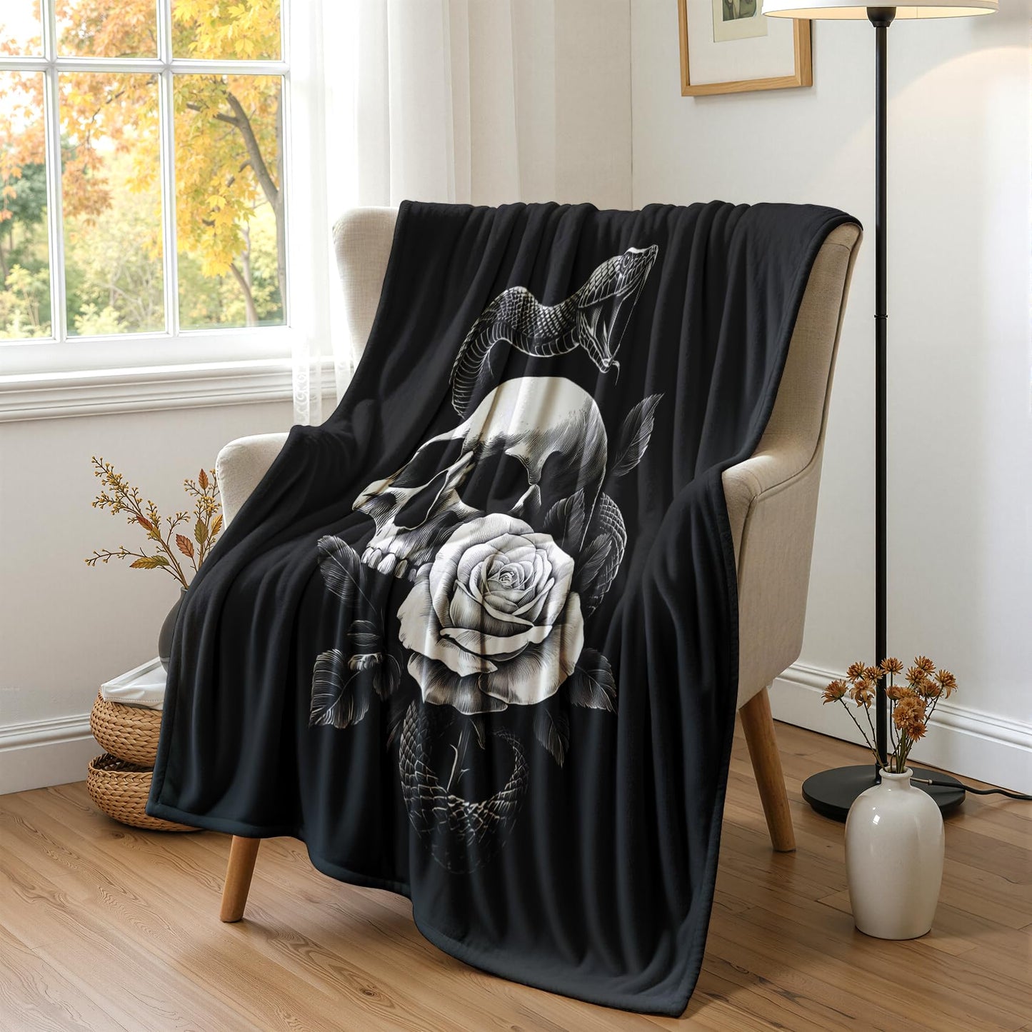 GEDAEUBA Gothic Blanket Soft - Goth Skull Rose Snake Fleece Blanket Throw, Soft Cozy Blankets & Throws for Couch, Bed, and Sofa, 50x60 inches