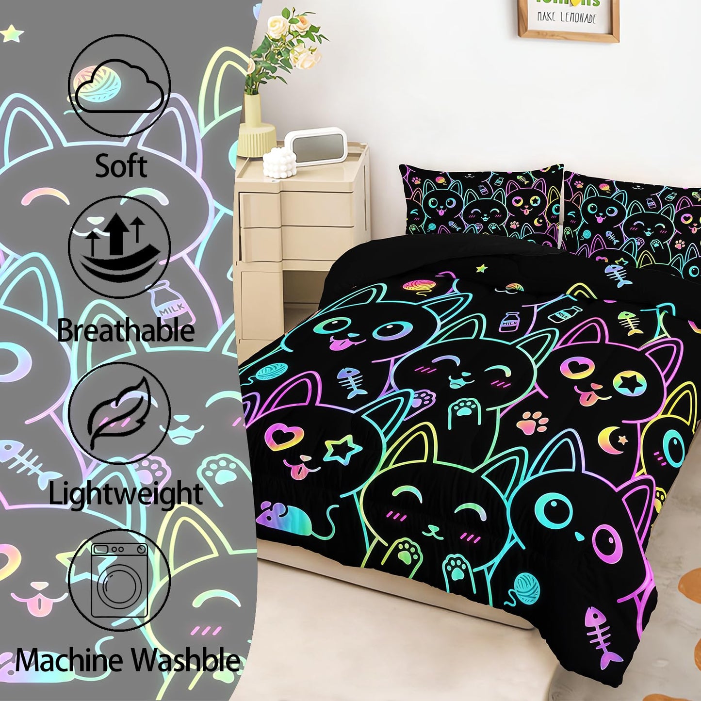 AILONEN Bright Outline Kitty Queen Comforter Set, Multicolor Animal Faces with Hearts and Paws, 3 Piece 1 Comforter + 2 Pillowcases, Trendy Theme