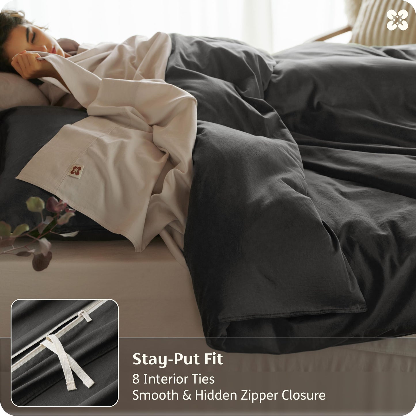 Bedsure 100% Organic Cotton Queen Duvet Cover Set, Charcoal Grey, 90" x 90"