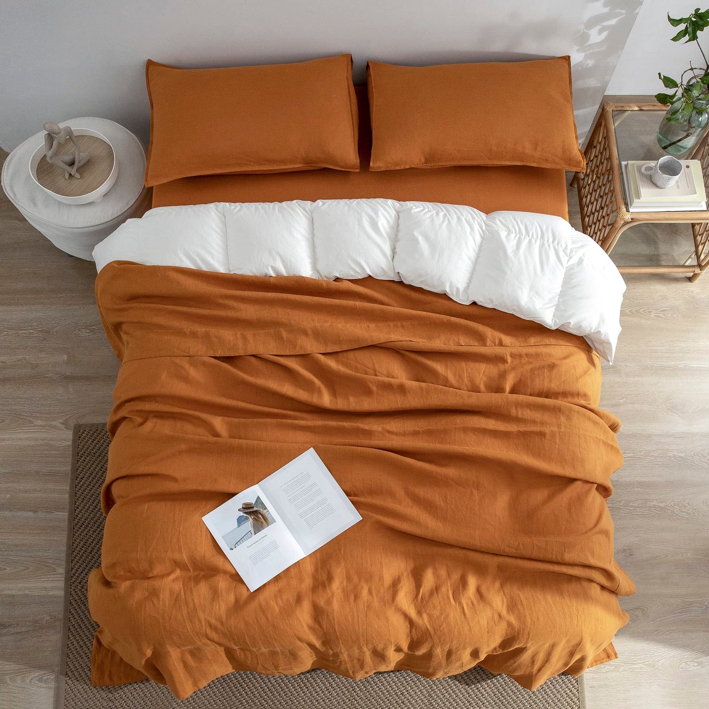 EVERLY Linen Sheets Set Twin Size,100% French Pure Linen Sheets Set,3Pieces (1Flat Sheet,1Fitted Sheet,1Pillowcase) Suitable for Hot Sleepers, Stonewash Deep Pocket Natural Bedding Set-Caramel