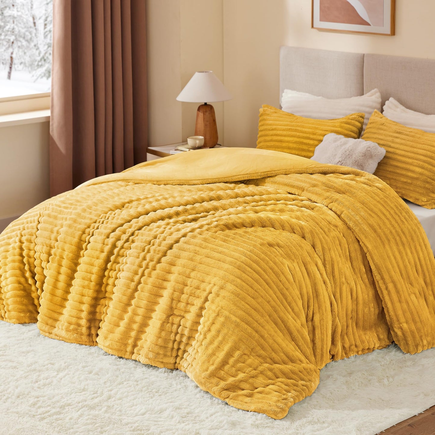 BEDELITE Fleece Queen Comforter Set -Super Soft & Warm Fluffy Mustard Yellow Bedding, Luxury Fuzzy Heavy Bed Set for All Season with 2 Pillow Cases