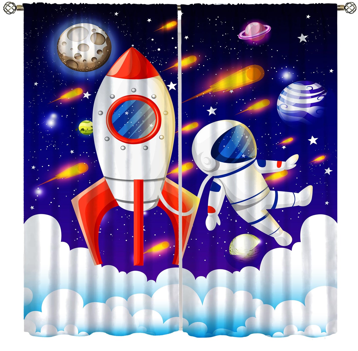 Astronaut Rocket Blackout Curtain for Kids,Cartoon Space Fantasy Universe Solar System Meteorite Planet Earth Galaxy Stars Window Drapes Print for Boys Baby Nursery Bedroom Living Room 63x72inch