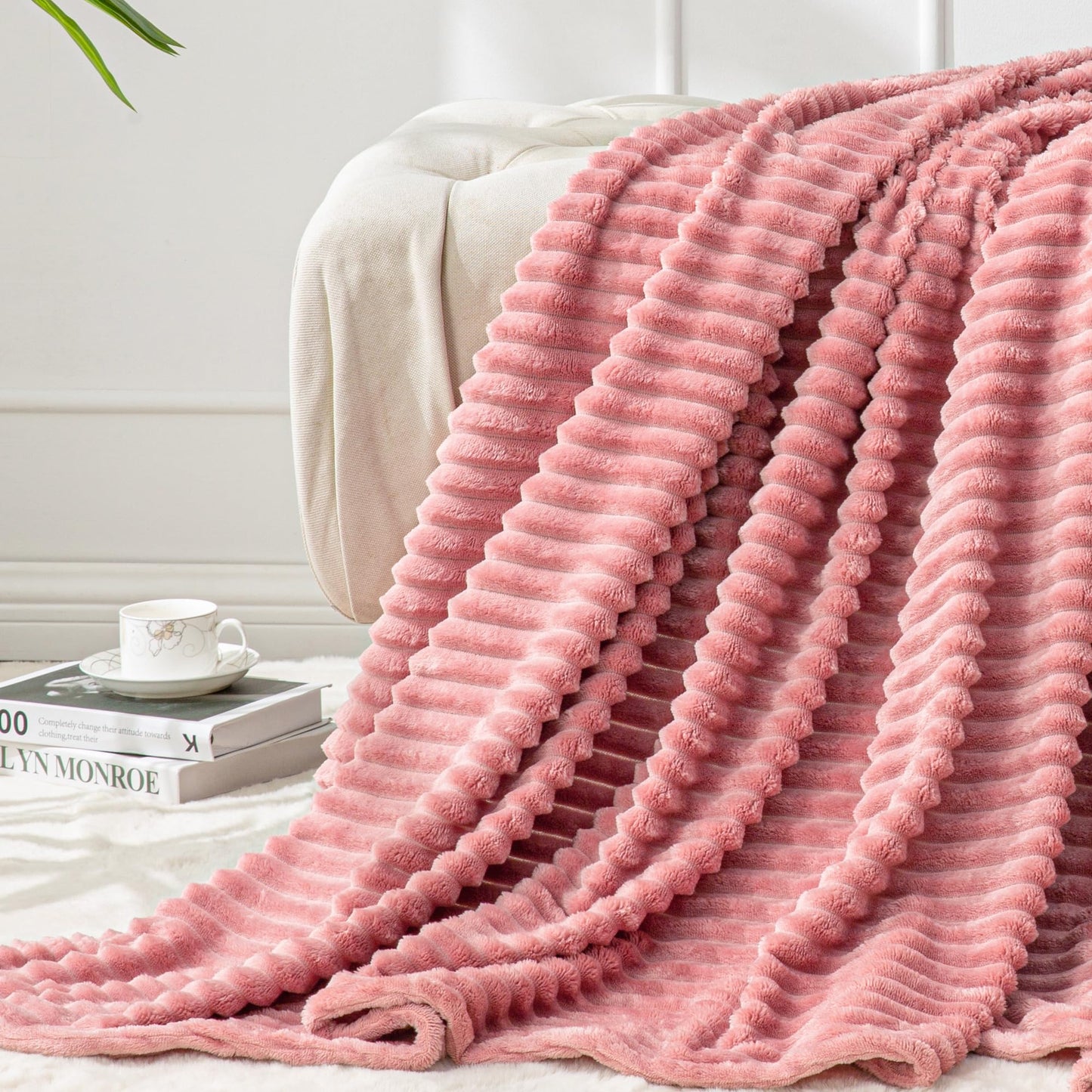 BEDELITE 2 Pieces Throw Blanket (Pink & Red, 50"x60"), Striped Fleece Blanket - Soft and Warm Decorative Fuzzy Blanket