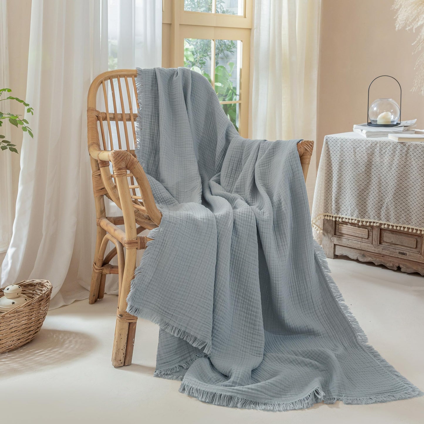 Muslin Fringe Blanket for Adults 100% Cotton 4-Layer Gauze Cloud Soft Breathable Lightweight All Season Throw Blanket for Bed Couch Sofa Office (Dusty Blue, Twin XL 66" × 90")