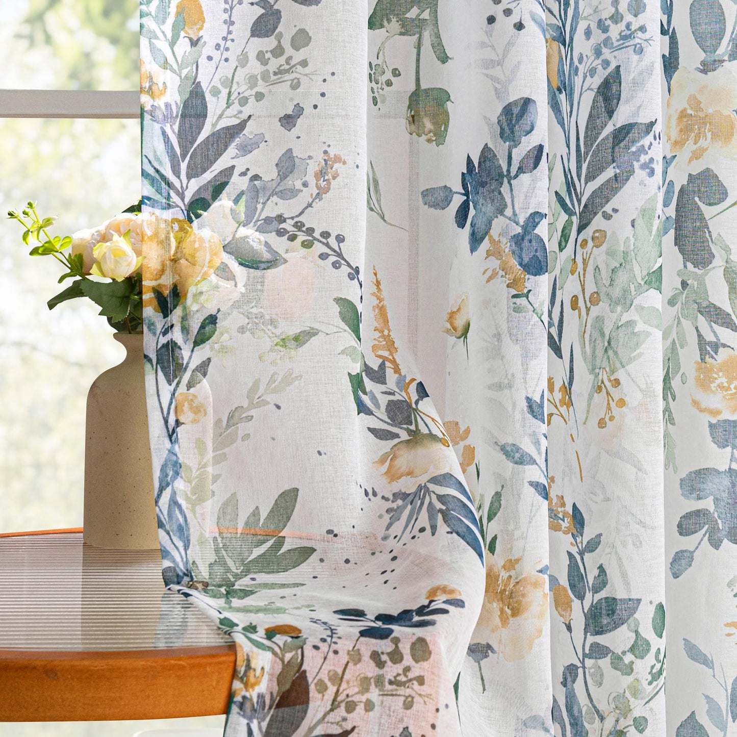 MYSKY HOME Sheer Floral Curtains 84 inches Long 2 Panels Set for Living Room Leaf Printed Summer Curtains for Bedroom Rod Pocket Window Drapes, Yellow and Blue, 52 x 84 inch