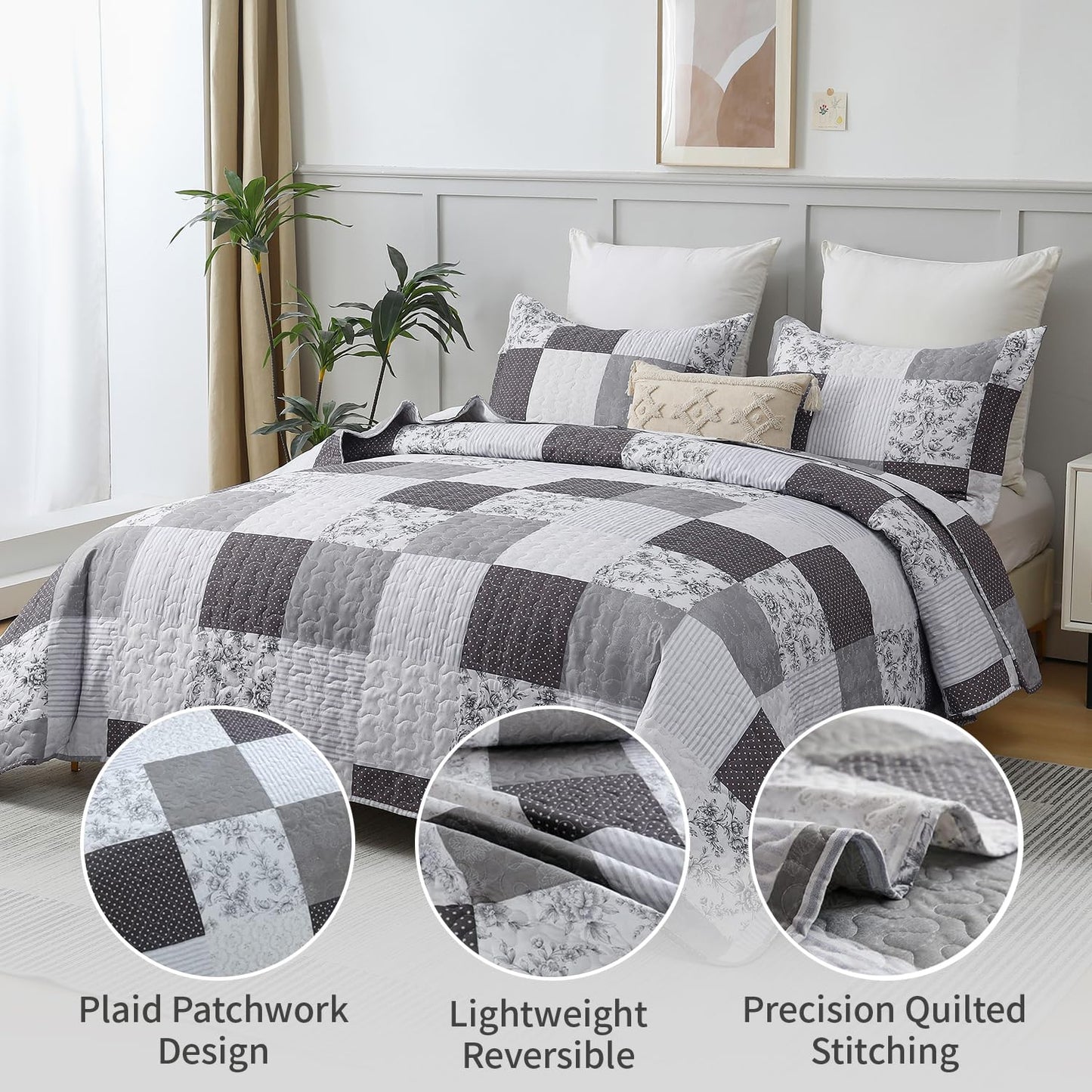 Morden Lightweight Queen Bedspread - Floral & Plaid Reversible Quilt Set - Grey & Black White Paisley & Floral Pattern