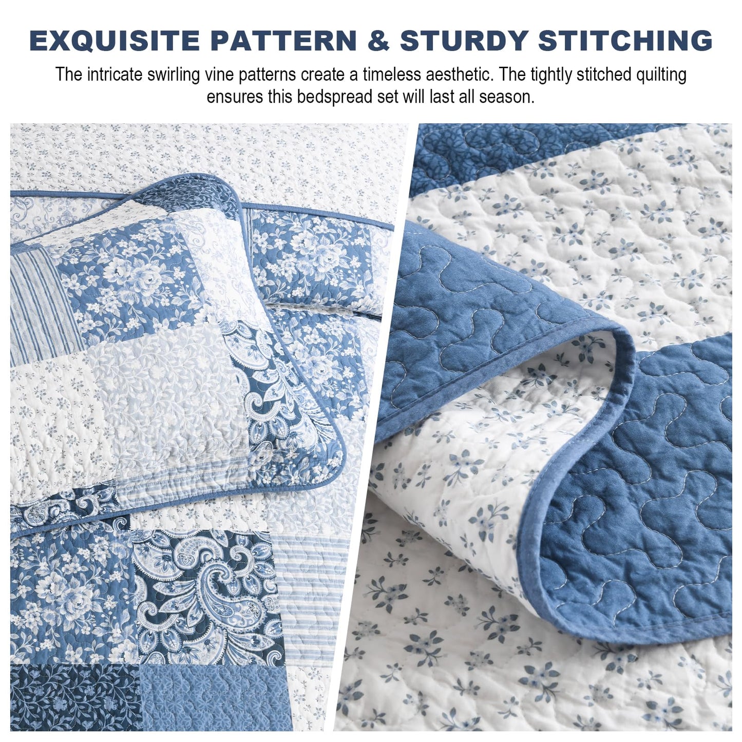 FineStichery 100% Cotton King Bedspread 120x120, Oversized Quilt Set, Farmhouse Extra Large Coverlet, Plaid Botanical and Paisley Pattern, Lightweight, Reversible, 3 Piece, Blue/White