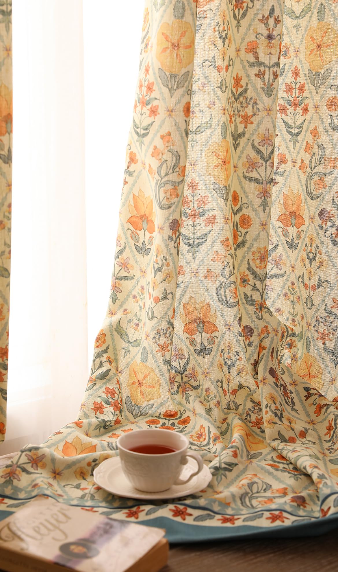 ISAENNE Designer French Linen Printed Curtains,2 Panels,63"x65"-Floralsea
