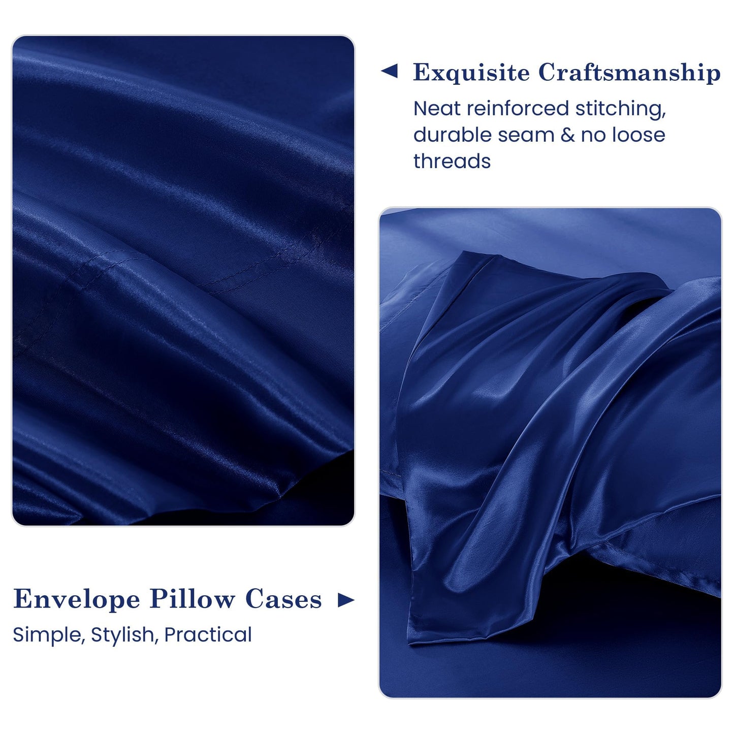 lasoftan Silk Satin Sheets Queen, Silky Fitted Bed Sheets with 15" Deep Pocket and Non-Slip Corner Straps, Luxury Hotel Satin Bed Sheets, Navy Blue Cooling Sheets & Pillowcase Set