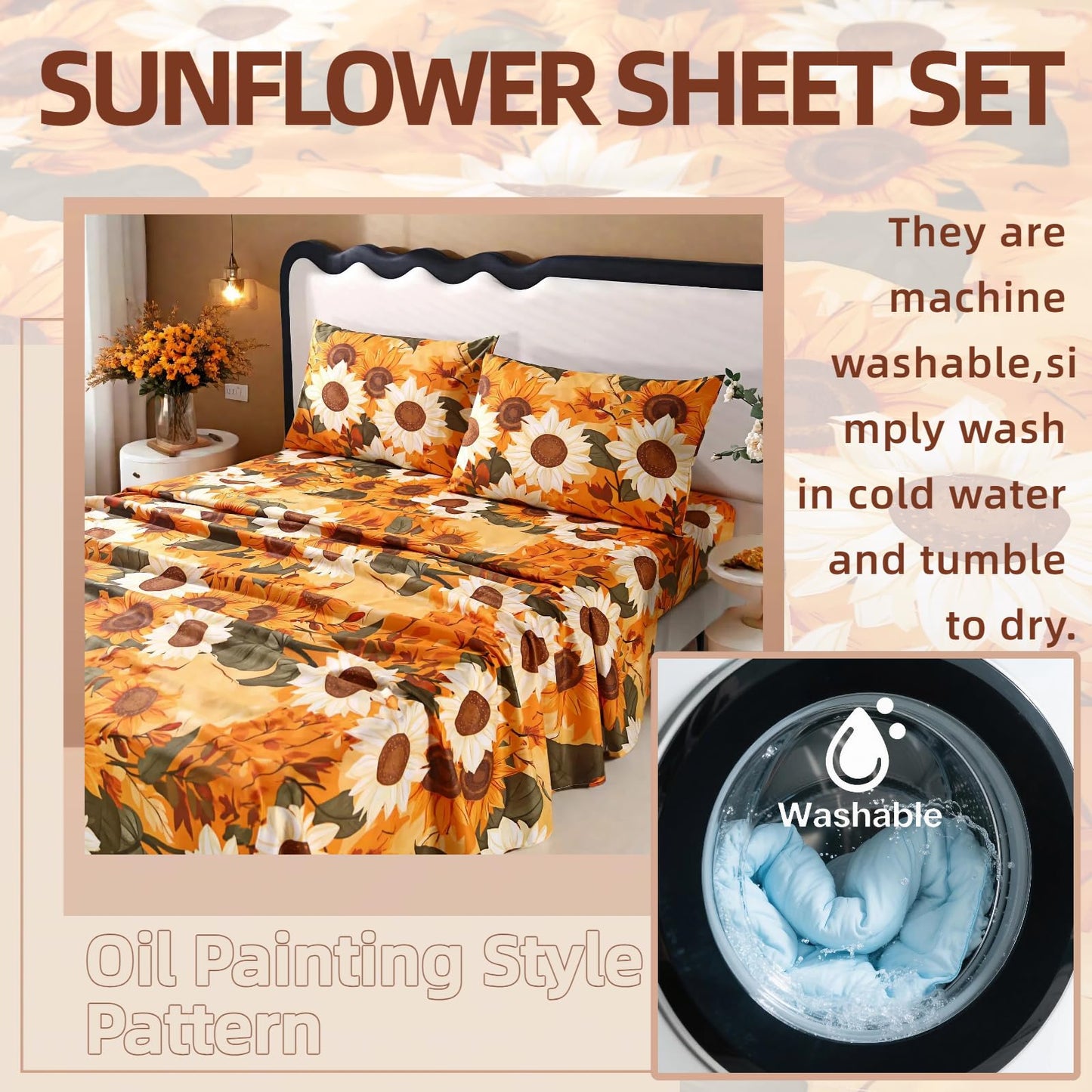 MAG 4Pcs Floral Queen Size Bed Sheets,Floral Microfiber Bedding Sheet Sets,Boho Yellow Sunflowers Pattern,included 1 Fitted Sheet 14''Deep Pocket + 1 Flat Sheet + 2 Pillowcases,Breathable and Wrinkle.