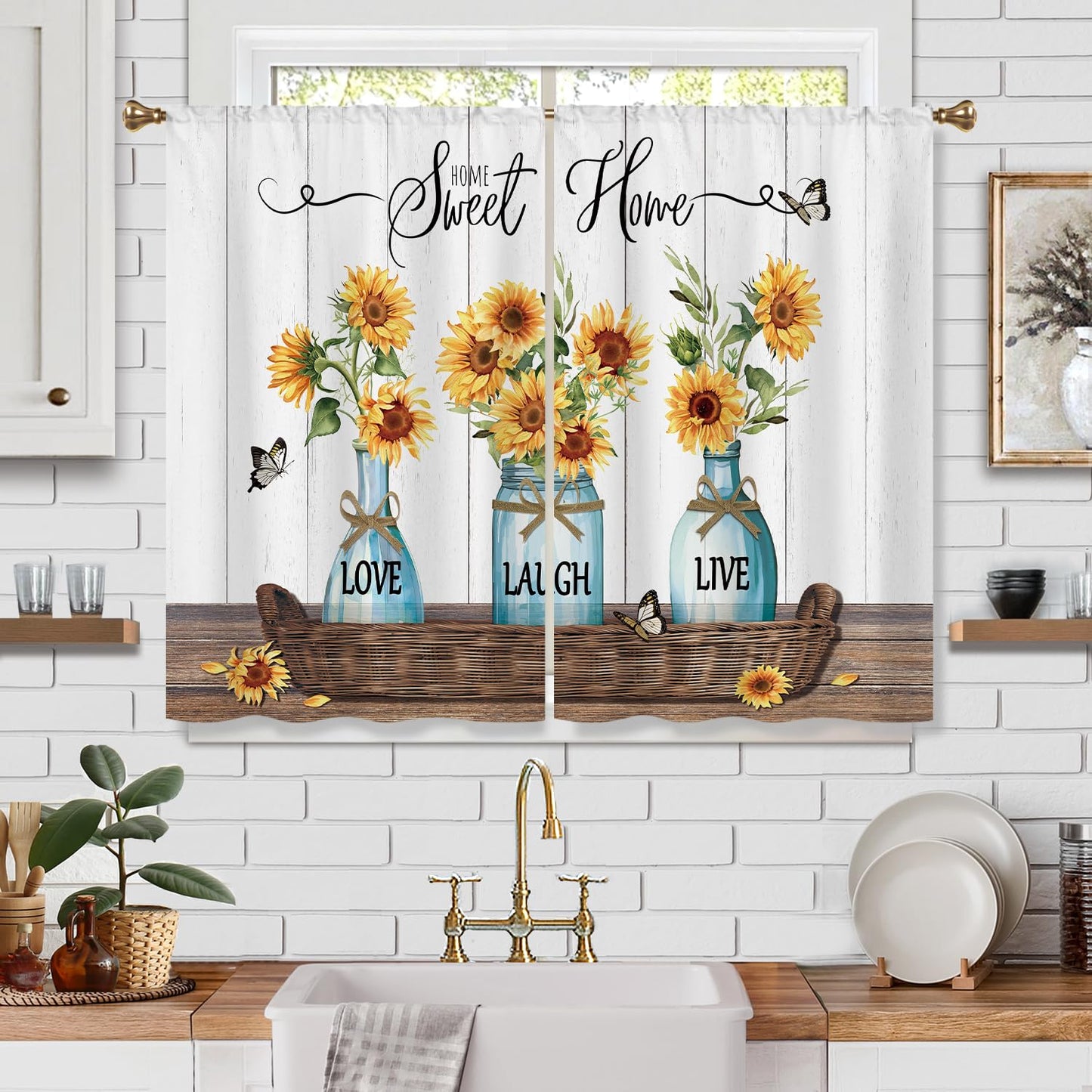 Cizuug Farmhouse Sunflower Kitchen Curtains Rustic Flower Inspirational Small Short Cafe Window Curtains Wooden Country Bathroom Living Room Bedroom Drapes Treatment 2 Panels