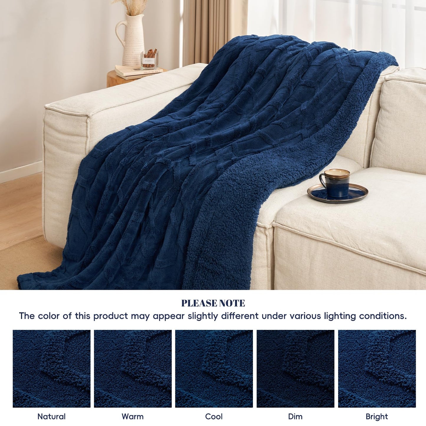 PHF Fluffy Sherpa Fleece Blanket Queen Size for Winter, Warm and Cozy, 510GSM 3D Tufted Shaggy Fleece Blanket for Sofa Bed, Navy Blue, 90"x90"