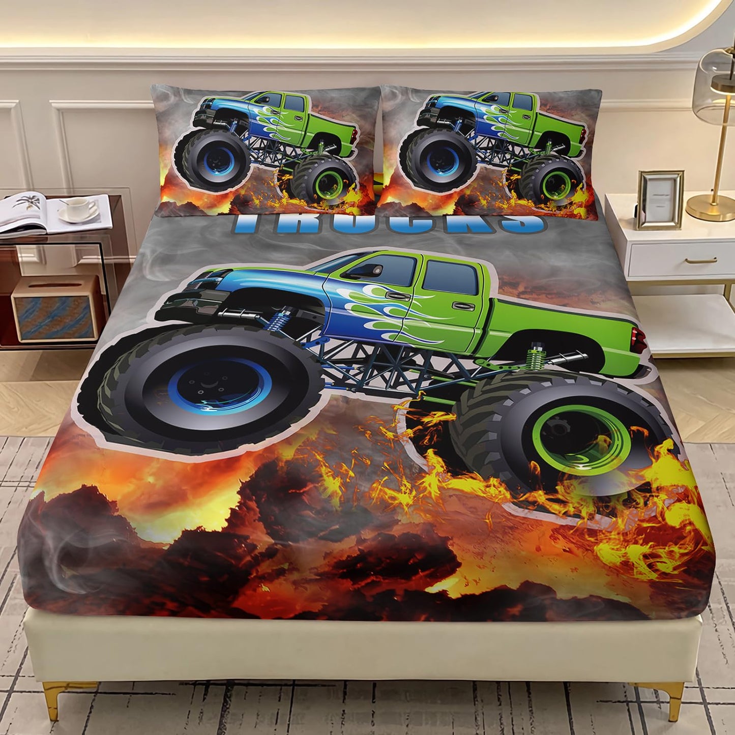AILONEN Cartoon Green Monster Trucks Fitted Sheet Set Twin Size for Kids Boys, Extreme Sports Bedding, 3 Pieces: 1 Fitted Sheet and 2 Pillowcases
